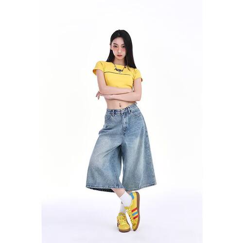 复古牛仔裤女夏季新款阔腿直筒宽松显瘦百搭七分中裤ins