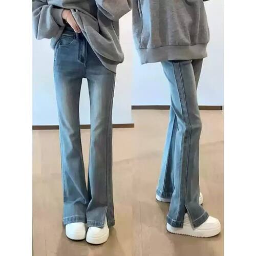 大码高腰微喇开叉直筒牛仔裤女春秋新款胖mm弹力马蹄显瘦喇叭长裤