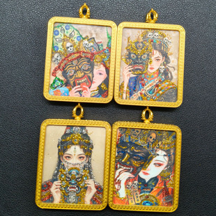 新款手绘彩金唐卡盒尼泊尔吊坠扎基拉姆女财神前世今生挂坠送挂绳