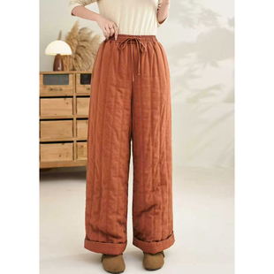 保暖加厚阔腿裤 女式 文艺复古纯色抽绳夹棉绗缝棉裤 2025秋冬新款