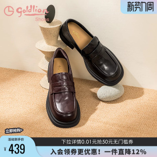 【蜜蜂欢乐社】金利来黑色小皮鞋女通勤羊皮圆头百搭粗跟乐福鞋