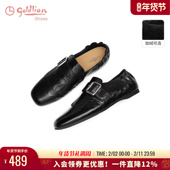 金利来真皮加绒乐福鞋 复古布洛克一脚蹬黑色小皮鞋 女2026春季 新款