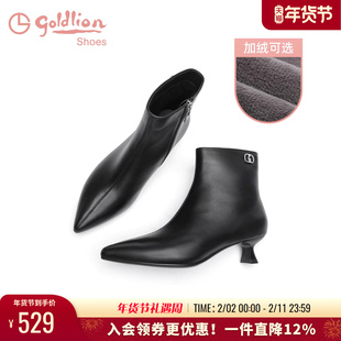 金利来女鞋秋冬新款气质高跟靴女款法式尖头真皮加绒通勤猫跟短靴