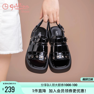 夏季 时尚 金利来女鞋 新款 女 圆头厚底增高百搭舒适凉鞋 复古罗马凉鞋