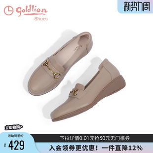 金利来妈妈皮鞋春秋舒适女鞋一脚蹬圆头深口女单鞋真皮坡跟乐福鞋