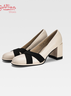 金利来女鞋2026款法式交叉带真皮高跟鞋白色玛丽珍圆头粗跟单鞋SJ