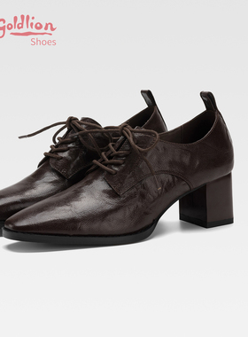 金利来2026春秋新款方头高跟鞋女时尚百搭乐福鞋通勤系带小皮鞋SJ