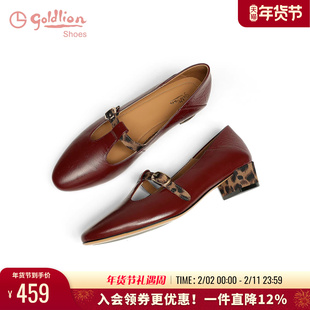 金利来法式玛丽珍鞋女中跟春季新款女鞋复古红色真皮浅口粗跟单鞋