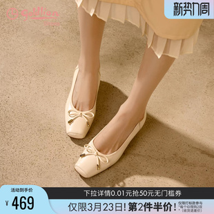 金利来粗跟单鞋女不累脚春夏款蝴蝶结百搭浅口真皮白色通勤高跟鞋