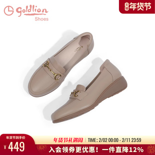 金利来妈妈皮鞋春秋舒适女鞋一脚蹬圆头浅口女单鞋真皮坡跟乐福鞋