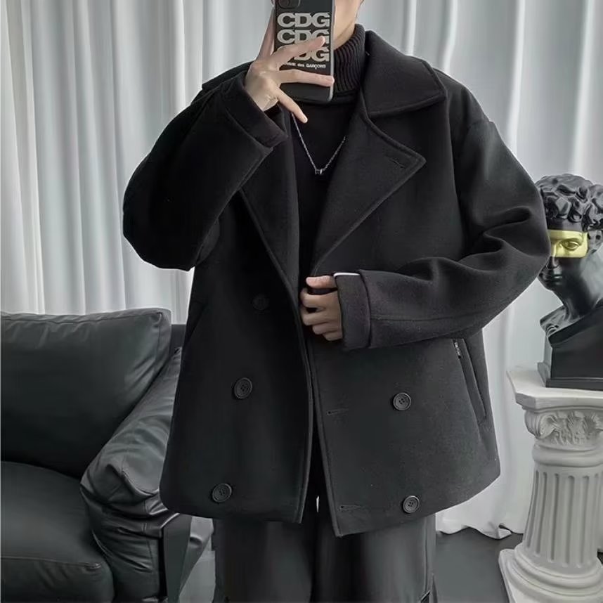 男士秋冬款毛呢外套短款加厚呢子大衣潮牌大码翻领韩版潮流风衣