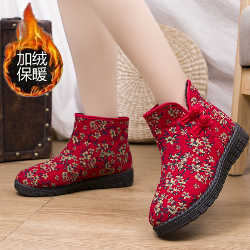 冬季加绒保暖雪地靴韩版厚底一脚蹬女棉鞋时尚民族风女鞋