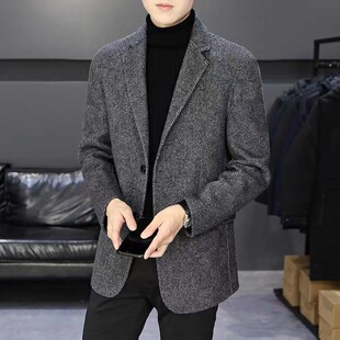 修身 外套时尚 商务毛呢西服潮 人字纹休闲西装 轻奢简约大衣男短款