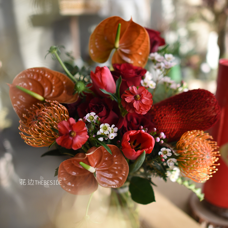 花边THEBESIDE《美丽心情》红掌进口针垫佛塔 红色系家居瓶插花束