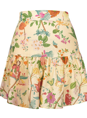 JUNGLE ME夏季杏黄色高腰复古插画印花橡筋腰碎褶甜美短款半身裙