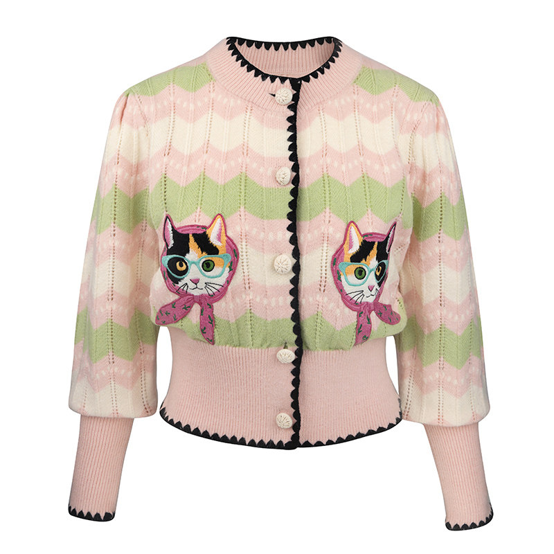 JUNGLE ME法式复古撞色镂空提花条纹开衫女小香风猫咪绣花毛衣,女装/女士精品,毛衣,淘宝优惠券,粉丝福利购,淘宝优惠卷