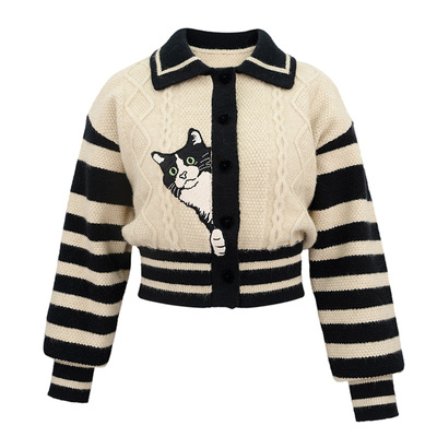 JUNGLE ME复古黑白条纹POLO领绣花针织立体提花运动感减龄毛衣