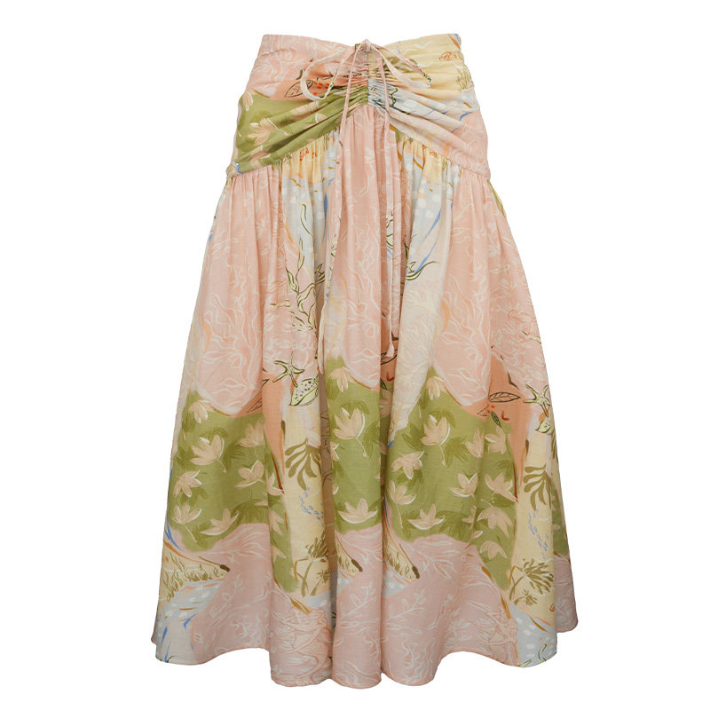 JUNGLE ME法式复古度假风印花高腰褶皱抽绳大摆裙百搭森系半身裙