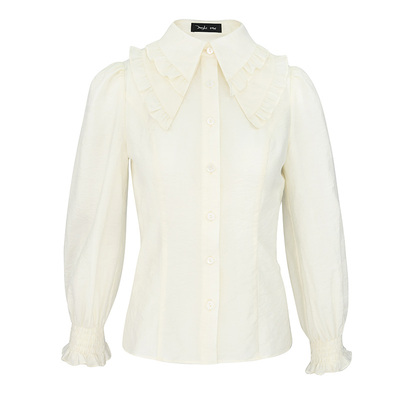 JUNGLE ME米色法式长袖衬衣泡泡袖双层木耳边翻领复古宫廷气质