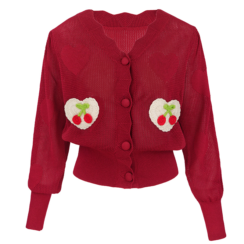 秋季复古红色V领针织开衫