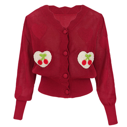 秋季复古红色V领针织开衫