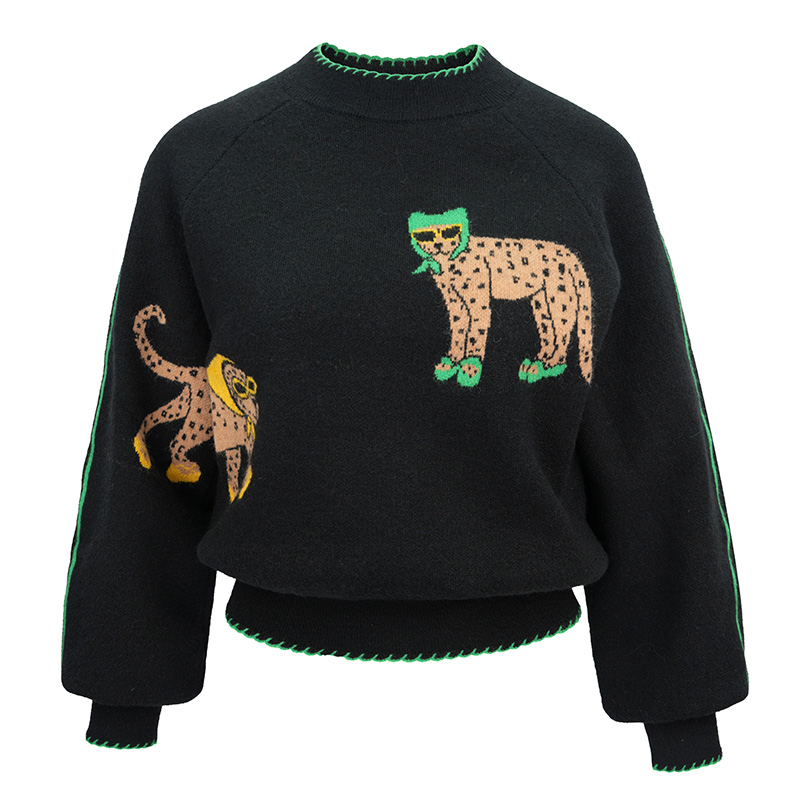 JUNGLE ME黑色复古运动感套头毛衣卡通提花针织手钩边女长袖上衣