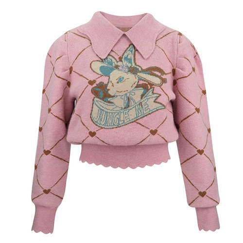 JUNGLE ME复古灰粉蝴蝶领菱格长袖毛衣套头卡通爱心提花针织上衣