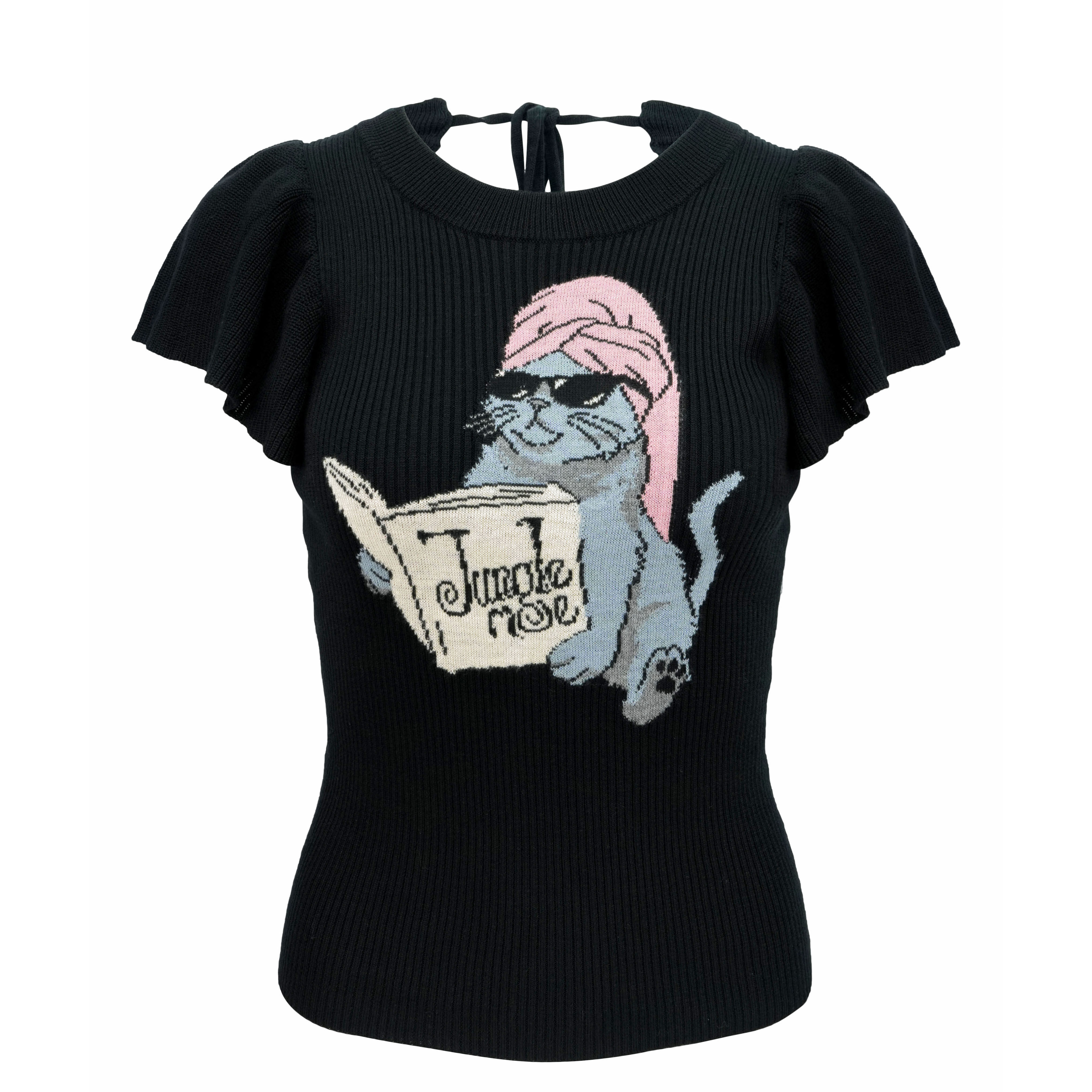 JUNGLE ME黑色小飞袖短袖圆领毛针织衫插画风提花短款系带上衣