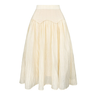 JUNGLE ME米色宫廷风高腰半身裙提花碎褶半身裙松紧腰大摆气质