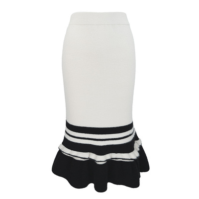 JUNGLE ME黑白条纹撞色修身鱼尾裙木耳边饰高腰松紧腰波浪半身裙