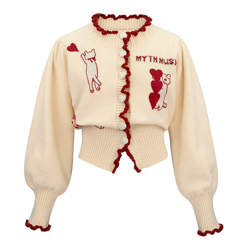 JUNGLE ME杏色复古撞色花边领开衫针织毛衣猫咪卡通绣花长袖通勤