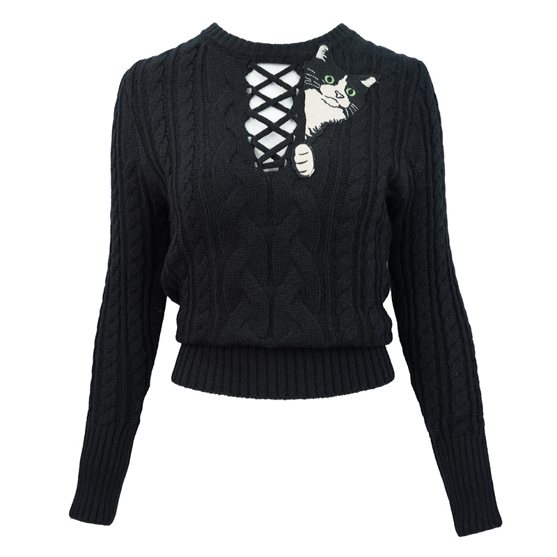 JUNGLE ME圆领猫咪针织黑色修身纯欲系带前领立体扭绳工艺毛衣