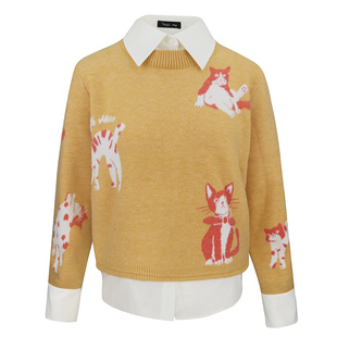 JUNGLE ME米黄色撞色衬衫领通勤假两件卡通猫咪提花毛衣女长袖