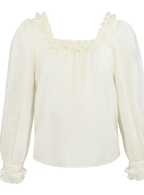 JUNGLE ME方领荷叶边公主气质奶黄色长袖法式衬衫法式复古提花