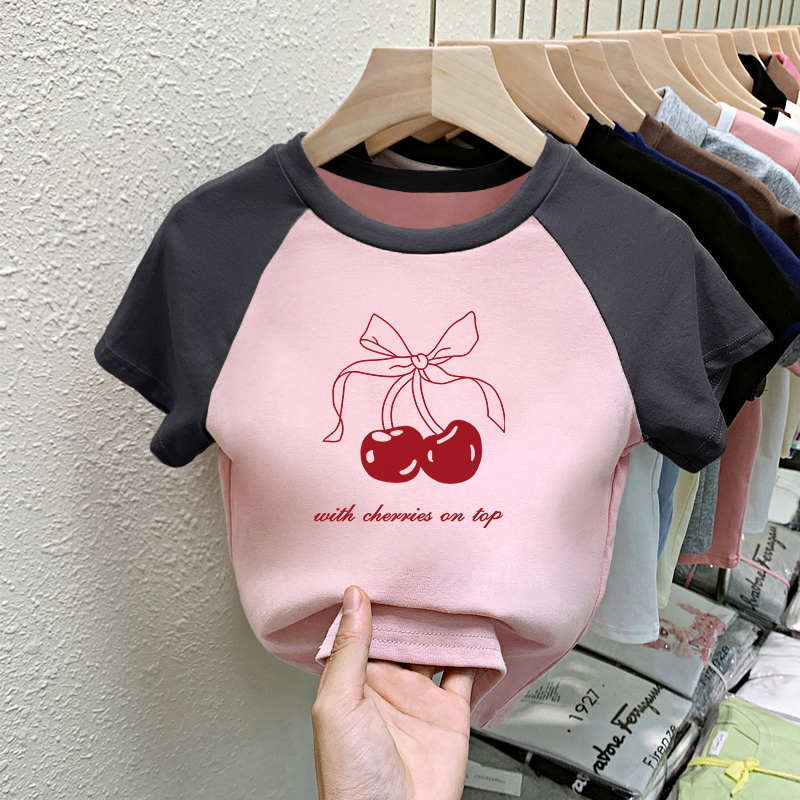儿童夏季纯棉短袖T恤2025新款女童圆领樱桃印花童装甜美拼色上衣
