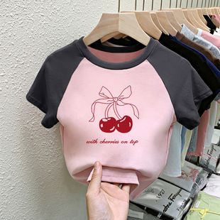 儿童夏季纯棉短袖T恤2025新款女童圆领樱桃印花童装甜美拼色上衣