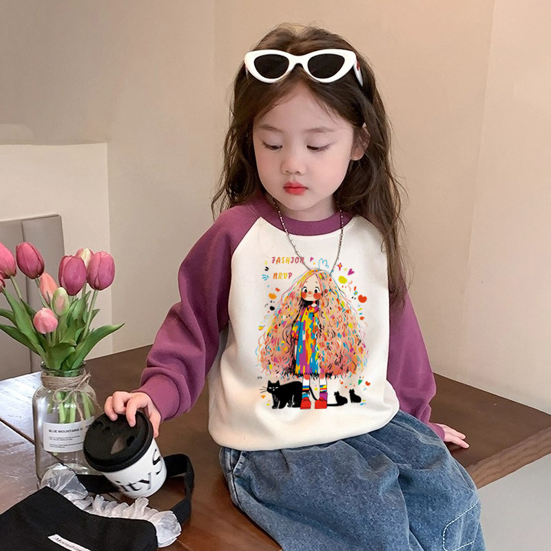 女童卫衣春秋款2025新款中小童洋气圆领长袖小女孩卡通印花上衣潮