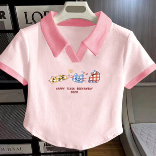 可爱猫咪印花翻领撞色上衣服 女童t恤短袖 2025新款 夏季 纯棉POLO衫