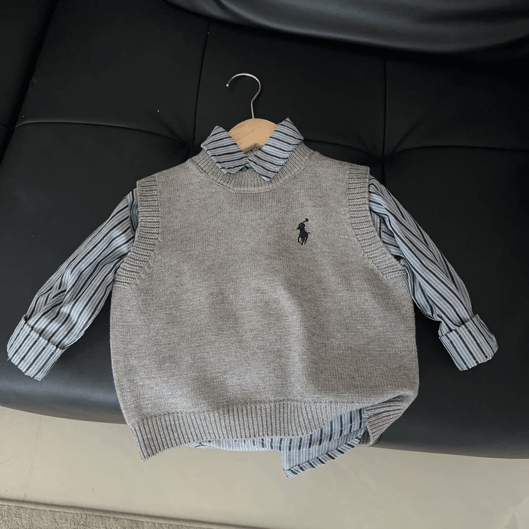 男童春秋新款套装儿童韩版时尚宽松中小童条纹衬衫毛衣马甲两件套