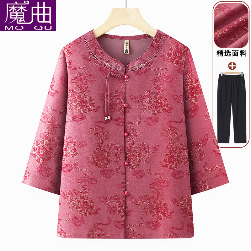 中年妈妈夏装衬衫新款中老年女装喜庆小衫老年人奶奶衣服夏季薄款