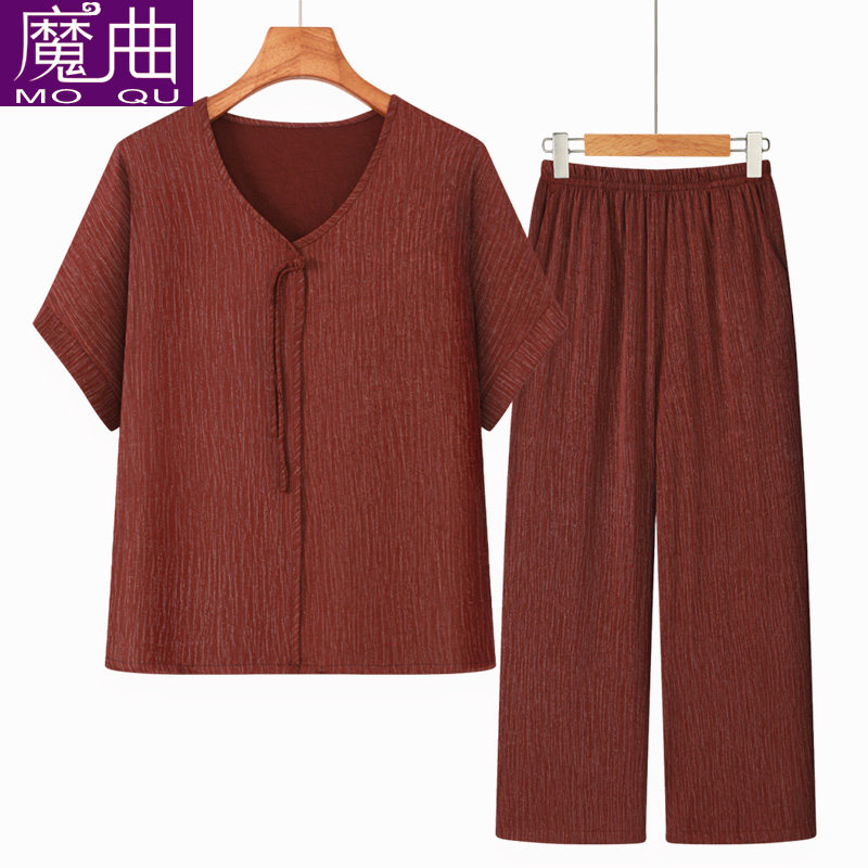 中老年女装夏装V领短袖两件套妈妈洋气大码套头套装奶奶纯色小衫