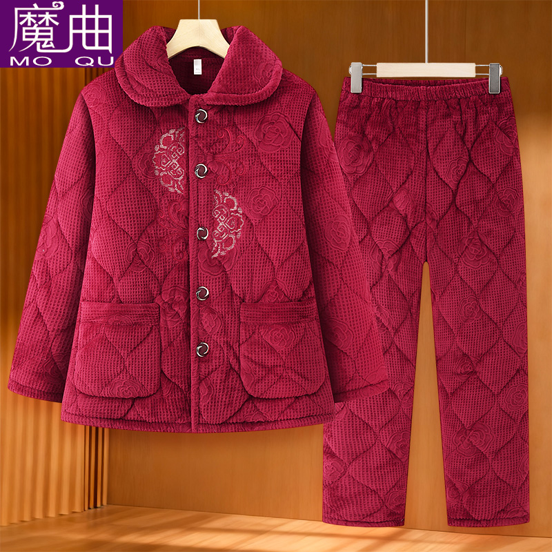 中老年人冬装睡衣套装女三层夹棉加厚加绒奶奶棉衣妈妈保暖套装