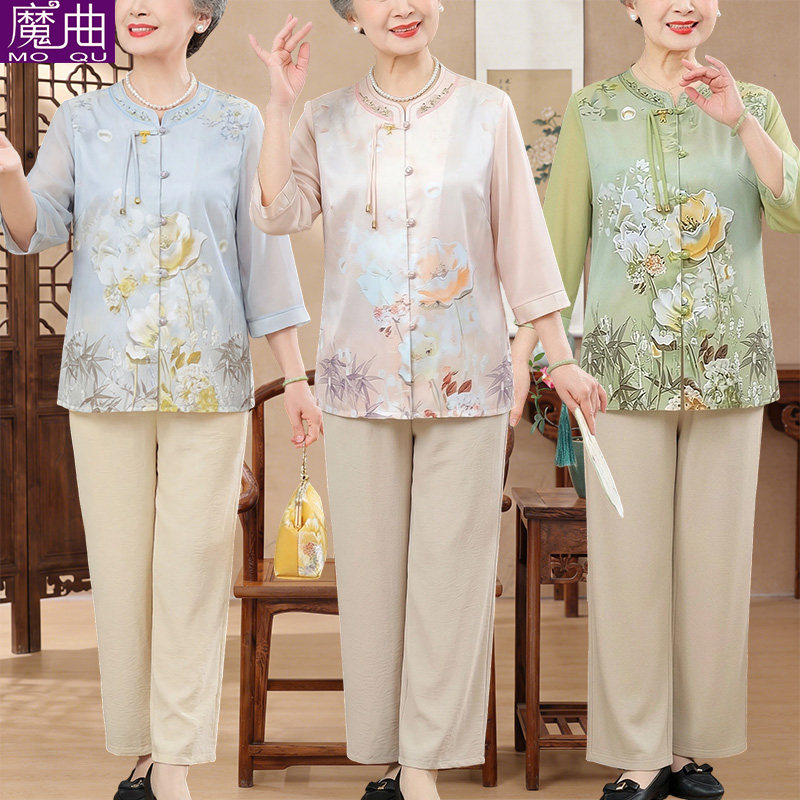 中老年人夏装衬衫女妈妈夏装中袖圆领奶奶开衫薄老人太太大码衣服