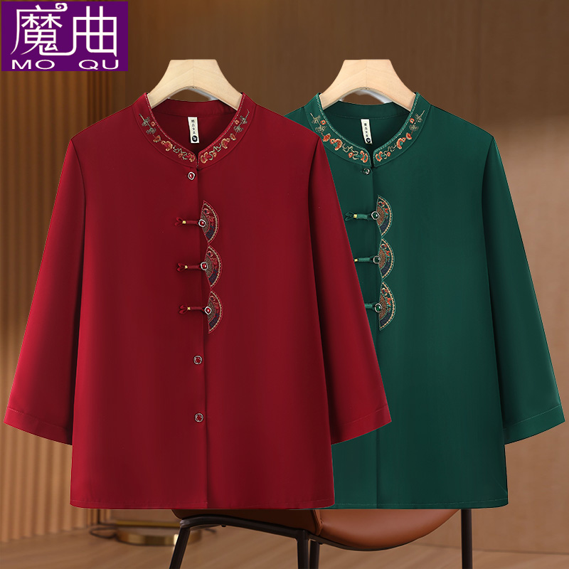 中老年人女装奶奶装七分袖衬衫老太太春季衣服喜庆春夏妈妈国风