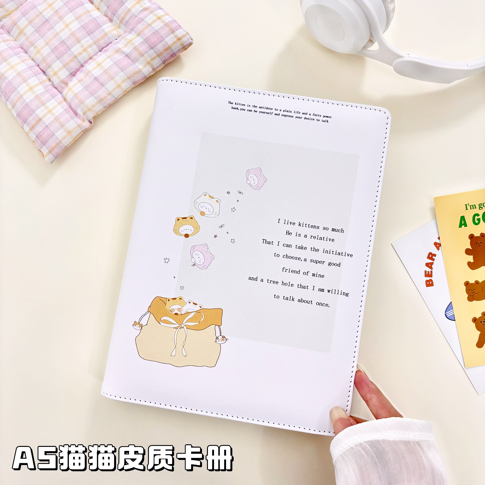 原创口袋猫猫皮质a5四宫格活页卡册小众简约爱豆追星收纳相册