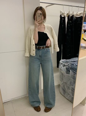 BBQ21949高腰磨毛直筒裤女2024冬新款韩系宽松百搭加绒阔腿牛仔裤