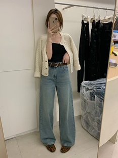 BBQ21949高腰磨毛直筒裤女2024冬新款韩系宽松百搭加绒阔腿牛仔裤