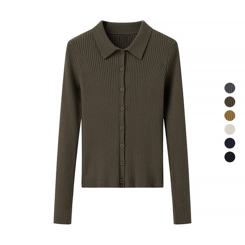 女装 2024秋季新款 精纺美利奴罗纹polo领针织开衫长袖外套469483