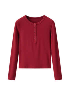 女装 2025秋季新款 罗纹亨利领T恤长袖修身短款内搭打底衫 479591