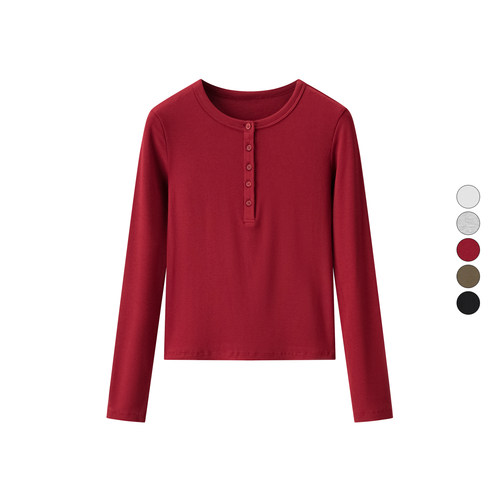 女装 2025秋季新款 罗纹亨利领T恤长袖修身短款内搭打底衫 479591